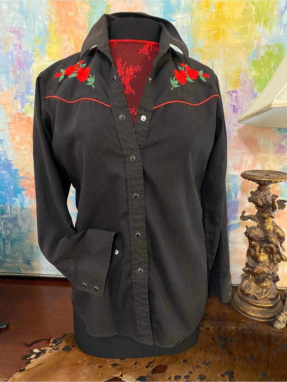Vintage Ely Embroidered Western Pearl Snap